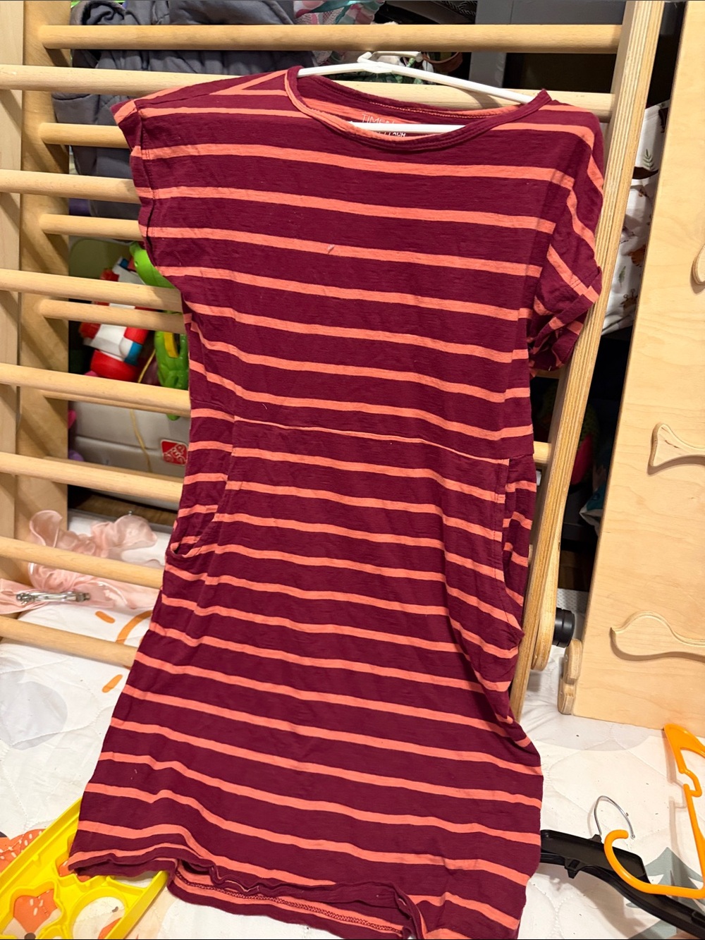 Time and Tru Maroon and Peach Striped Short Sleeve Dress